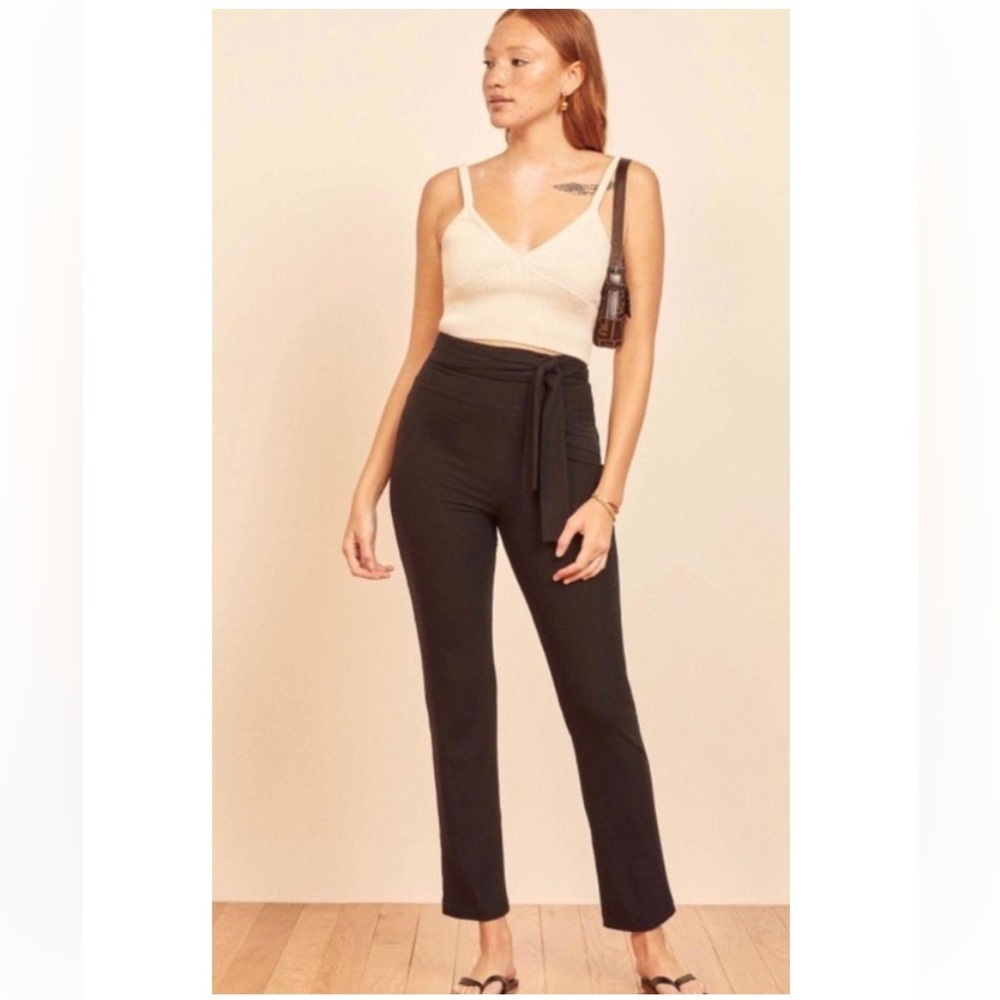 Reformation Kassia Black Tie Waist Ribbed Pants high waisted